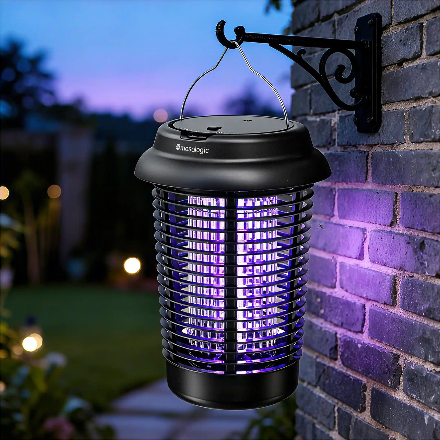 Outdoor Bug Zapper UV Light - Electric Insect Killer Pest control Devices mosalogic An_outdoor_ultraviolet_mosquito-killing_lamp_is_hung_on_the_wall_at_night.