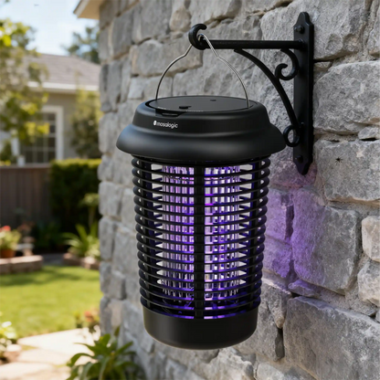 Outdoor Bug Zapper UV Light - Electric Insect Killer Pest control Devices mosalogic An_outdoor_ultraviolet_mosquito-killing_lamp_that_emits_electricity_during_the_day_is_hung_on_the_wall.